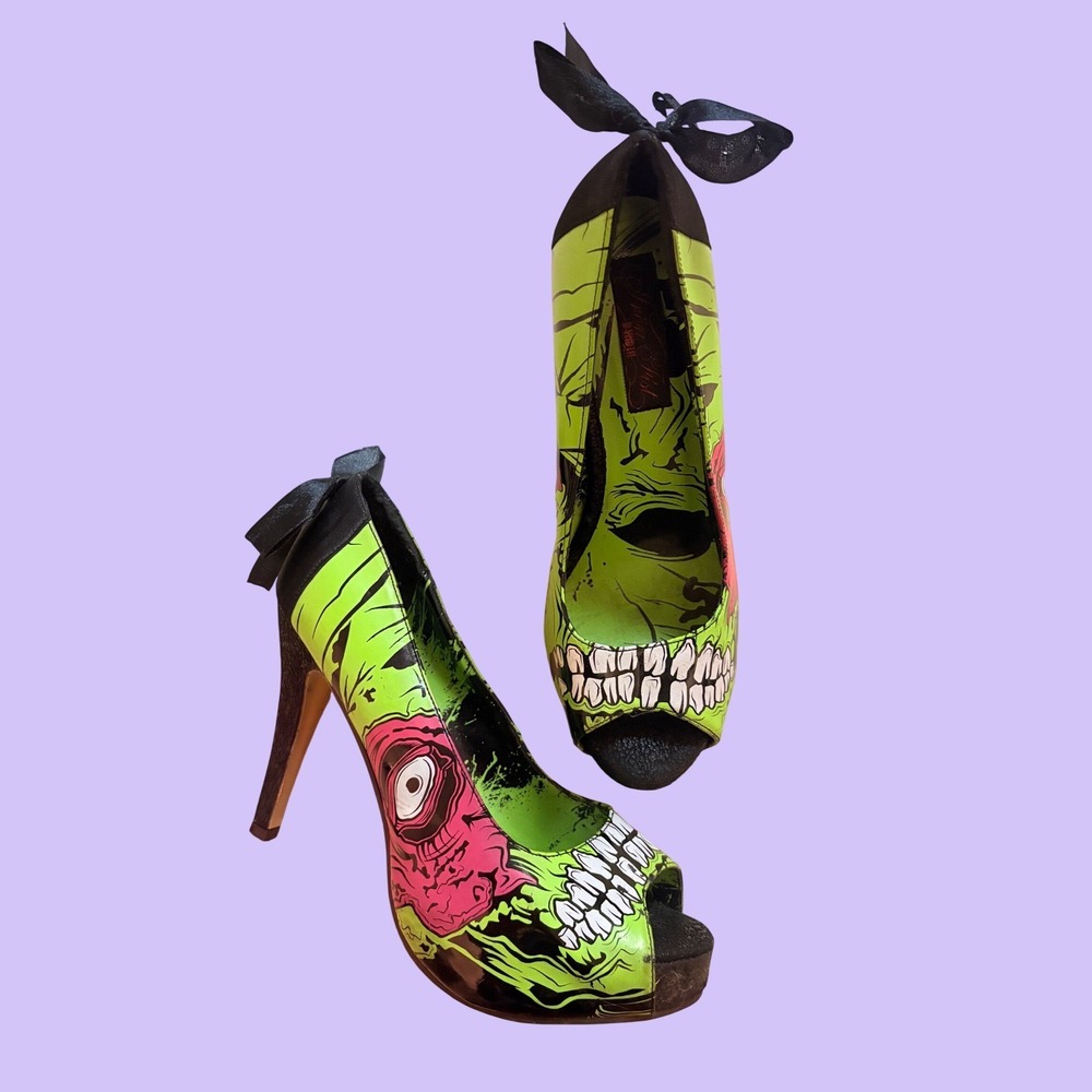 Y2K Iron Fist Zombie Platform Pumps Green Peep Toe Heels Bow Stiletto Scene
